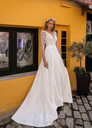 Long Sleeves Ivory Embroidery Lace Tulle Unique Wedding Dress